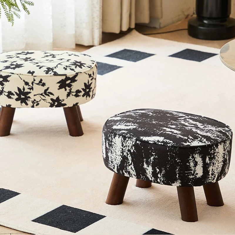 Traditional Chinese Fabric Pine Wood Round Cylindrical Low Stool For Living Room