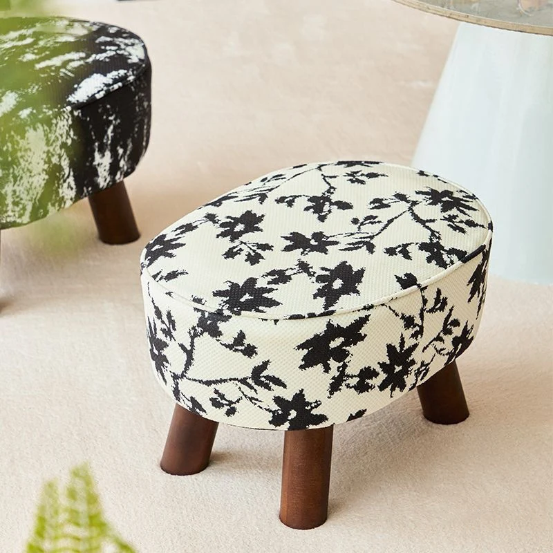 Traditional Chinese Fabric Pine Wood Round Cylindrical Low Stool For Living Room