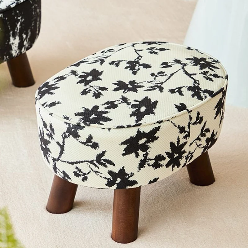 Traditional Chinese Fabric Pine Wood Round Cylindrical Low Stool For Living Room