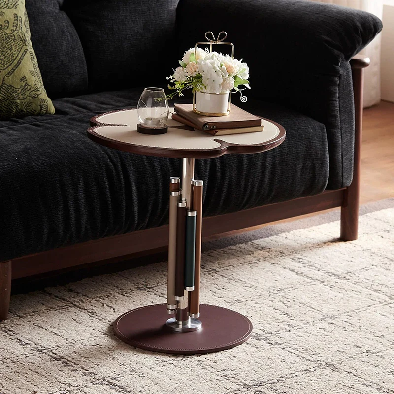 Traditional French Saddle-Style Faux Leather Stainless Steel Panel Petal Arched End Table 1-Tier For Living Room