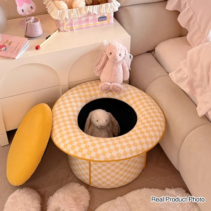Contemporary Creative Plywood Velvet Sponge Magic Hat Shaped Hidden Storage Low Stool Backless Armless For Living Room