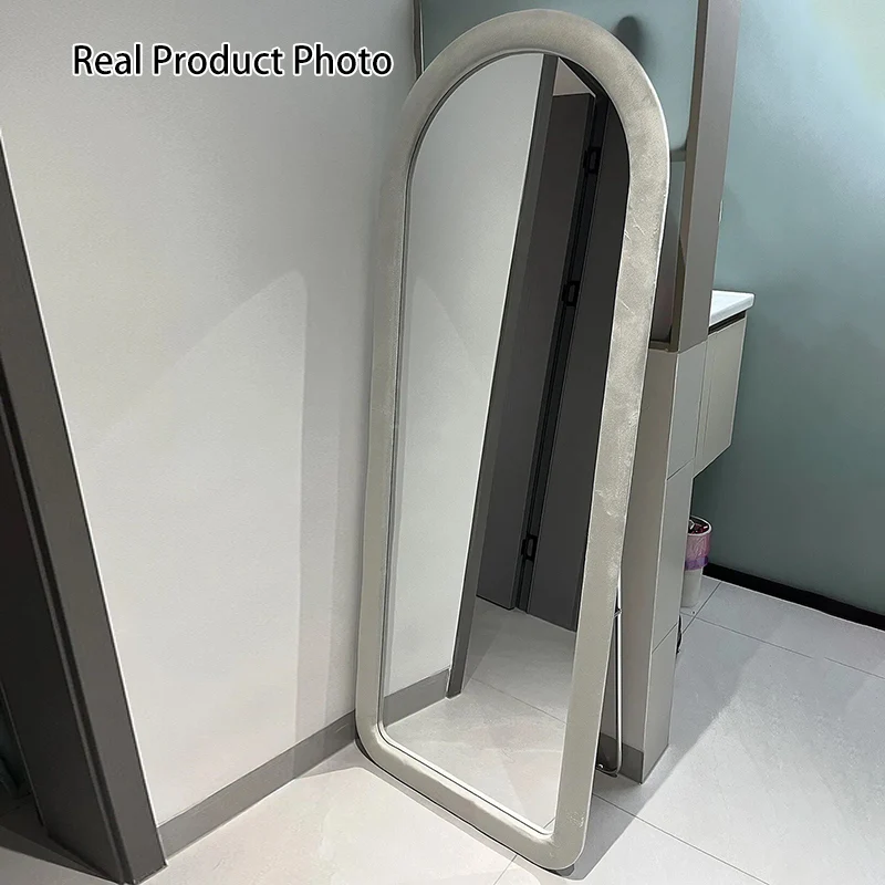 Contemporary Scandinavian Rounded Rectangle Glass MDF Velvet Fabric Full-Length Floor Mirror For Bedroom