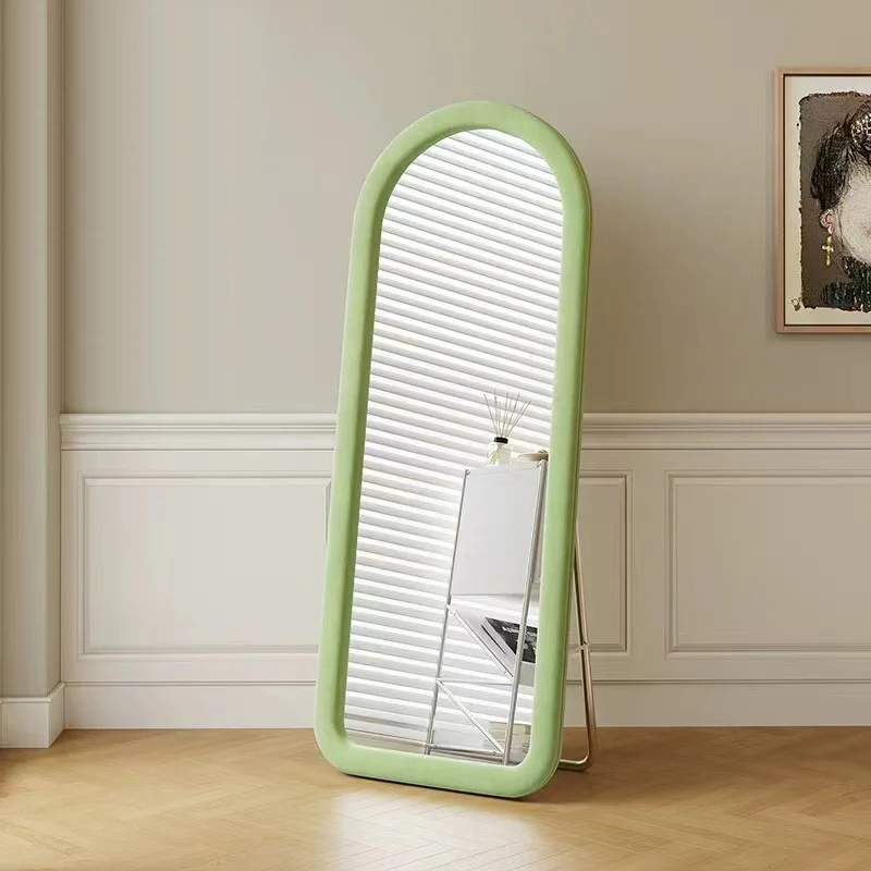 Contemporary Scandinavian Rounded Rectangle Glass MDF Velvet Fabric Full-Length Floor Mirror For Bedroom