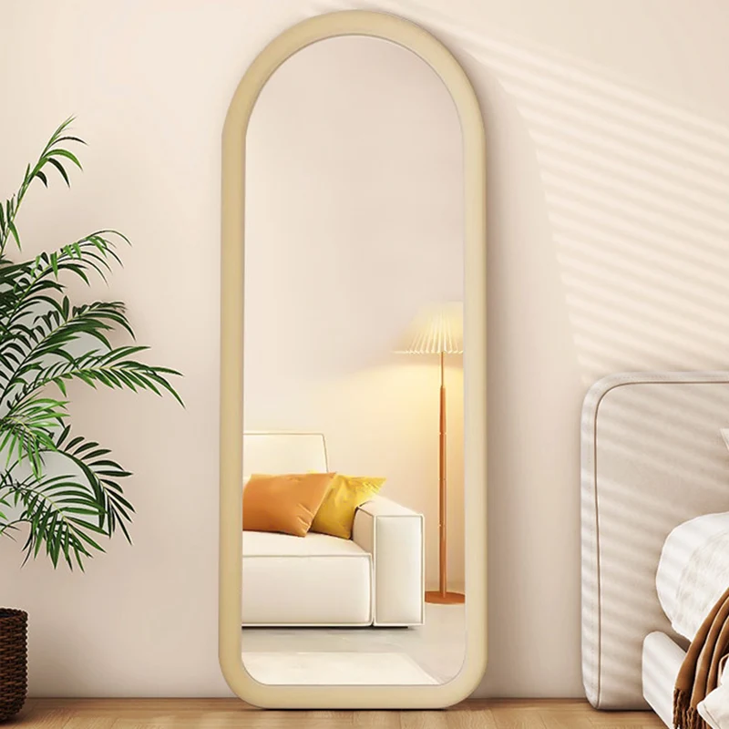 Contemporary Scandinavian Rounded Rectangle Glass MDF Velvet Fabric Full-Length Floor Mirror For Bedroom