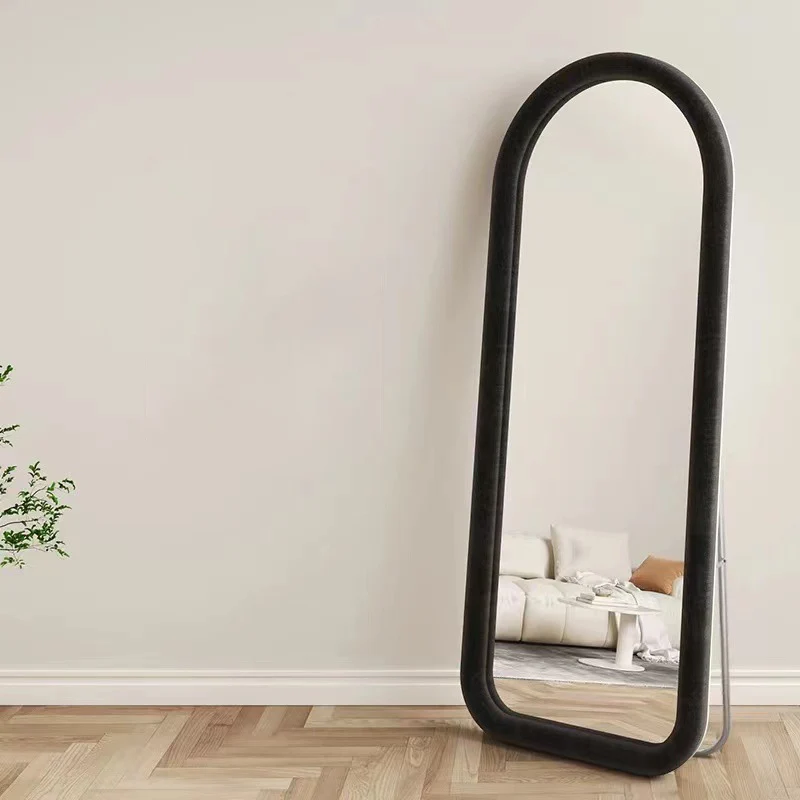 Contemporary Scandinavian Rounded Rectangle Glass MDF Velvet Fabric Full-Length Floor Mirror For Bedroom