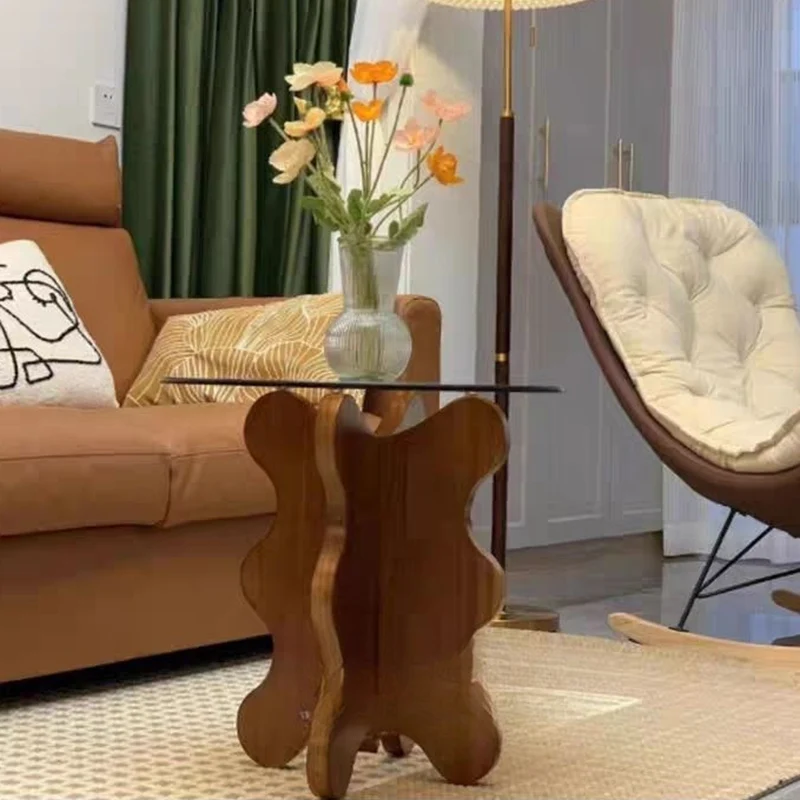 Traditional French Rubber Wood Glass Round Wave Side Table With 1 Tier For Living Room