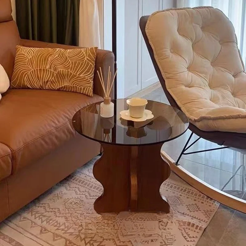Traditional French Rubber Wood Glass Round Wave Side Table With 1 Tier For Living Room