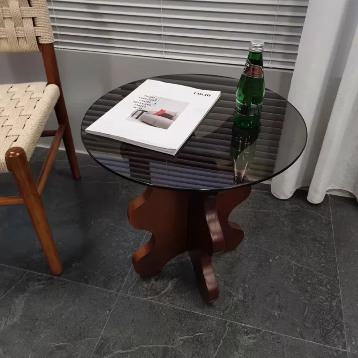 Traditional French Rubber Wood Glass Round Wave Side Table With 1 Tier For Living Room
