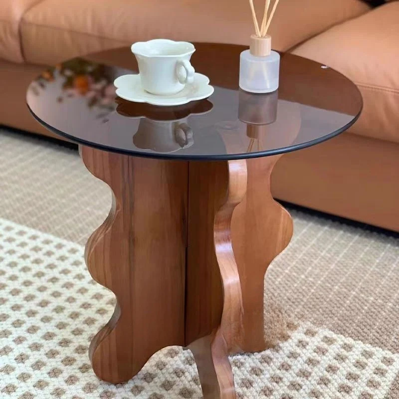 Traditional French Rubber Wood Glass Round Wave Side Table With 1 Tier For Living Room