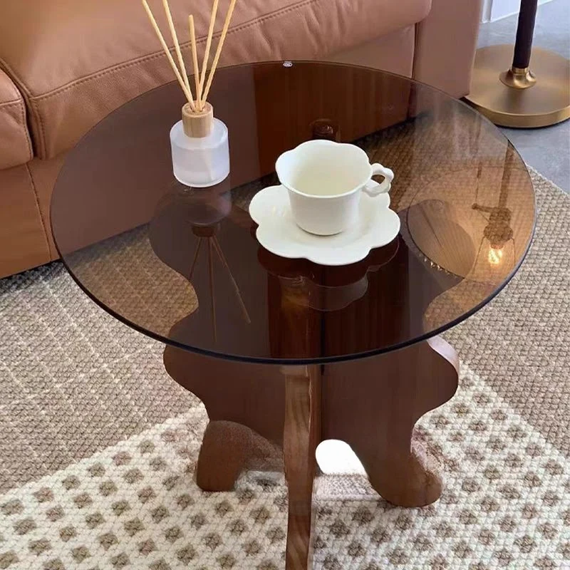 Traditional French Rubber Wood Glass Round Wave Side Table With 1 Tier For Living Room
