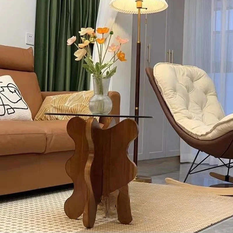 Traditional French Rubber Wood Glass Round Wave Side Table With 1 Tier For Living Room