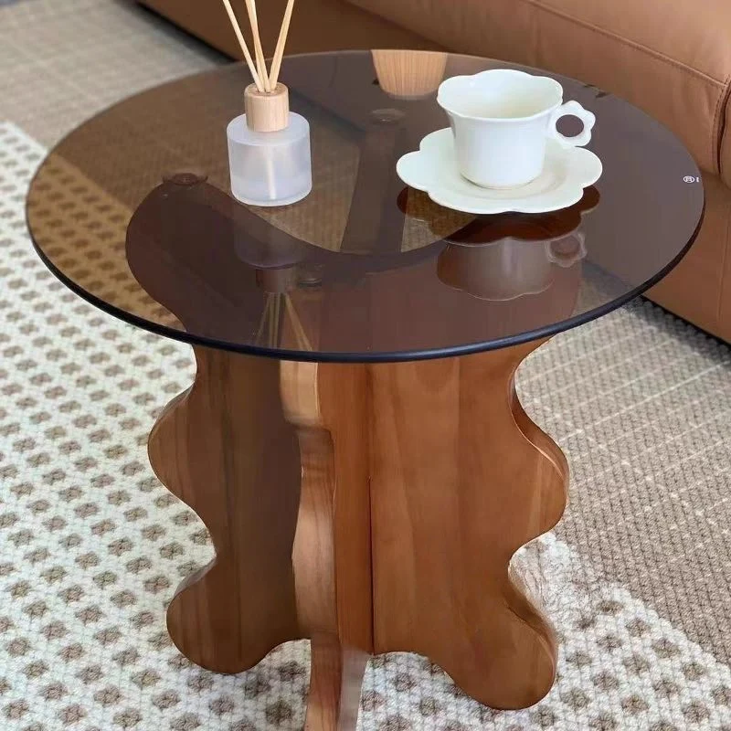 Traditional French Rubber Wood Glass Round Wave Side Table With 1 Tier For Living Room
