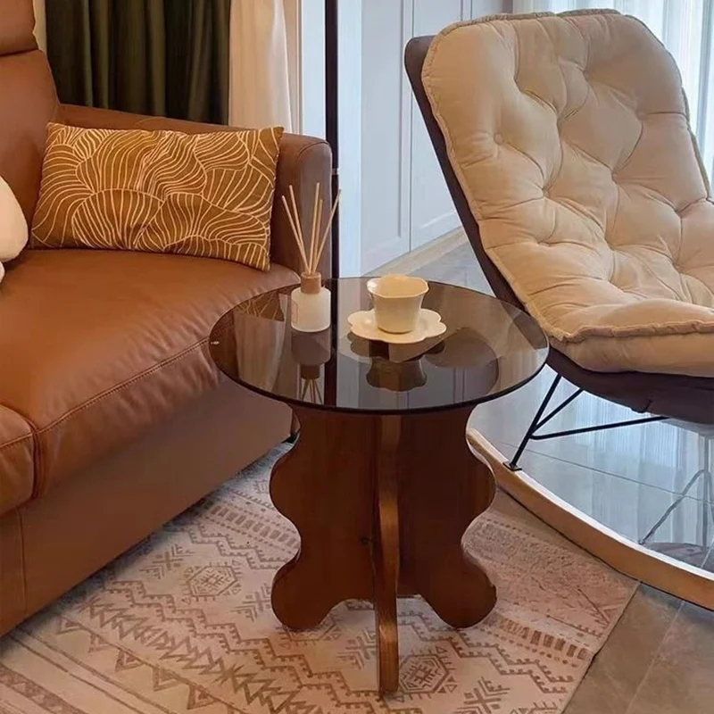 Traditional French Rubber Wood Glass Round Wave Side Table With 1 Tier For Living Room