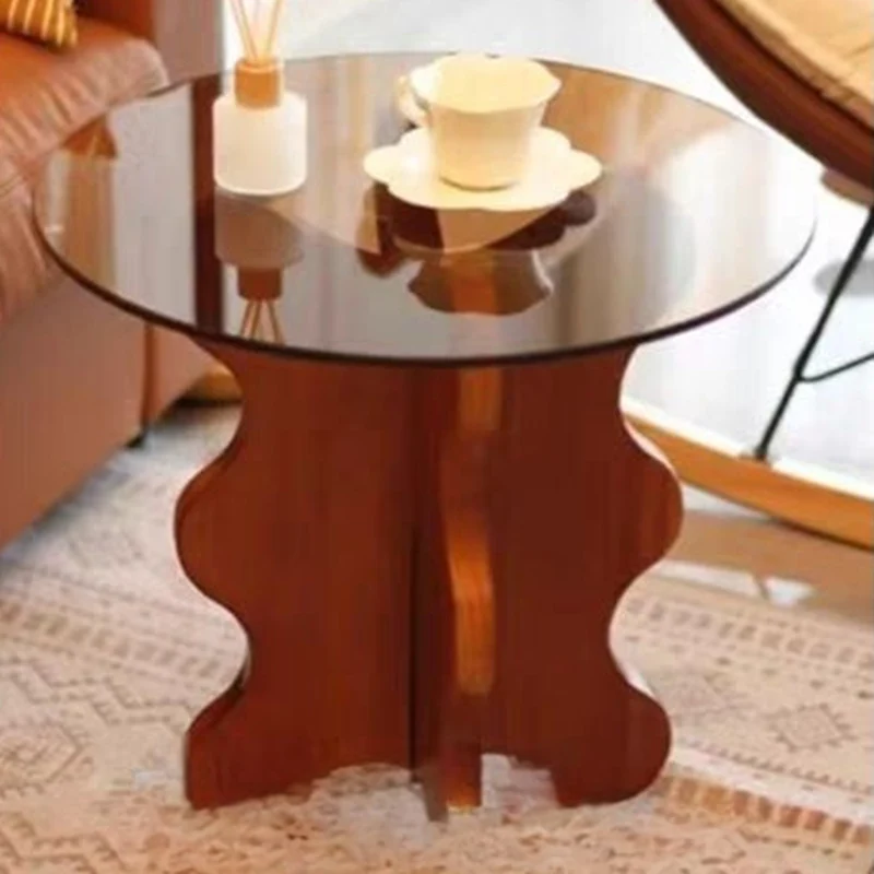 Traditional French Rubber Wood Glass Round Wave Side Table With 1 Tier For Living Room