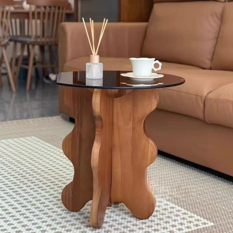Traditional French Rubber Wood Glass Round Wave Side Table With 1 Tier For Living Room