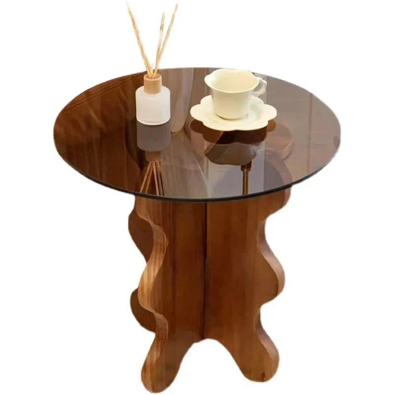 Traditional French Rubber Wood Glass Round Wave Side Table With 1 Tier For Living Room