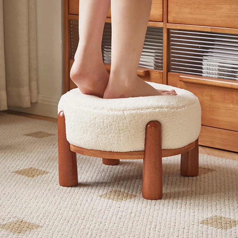 Contemporary Nordic Soft Skin-Friendly Corduroy Sherpa Fabric Solid Wood Sponge Round Pouf Low Stool Backless Armless For Entryway & Hallway