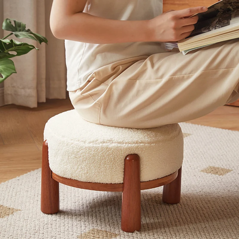 Contemporary Nordic Soft Skin-Friendly Corduroy Sherpa Fabric Solid Wood Sponge Round Pouf Low Stool Backless Armless For Entryway & Hallway