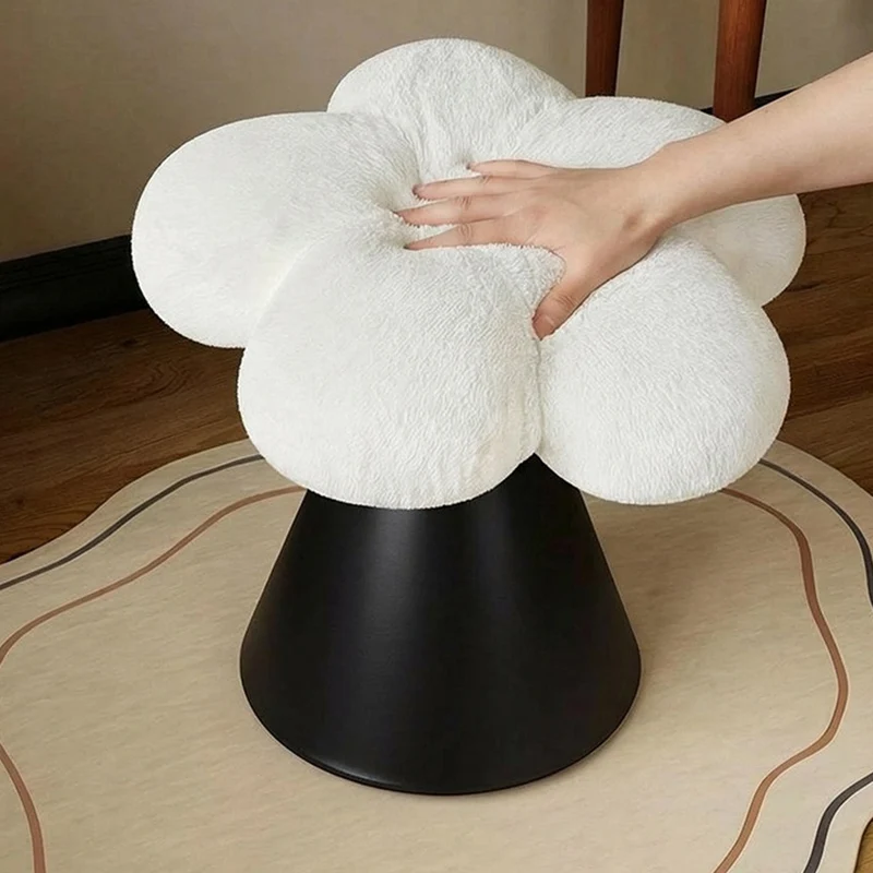 Traditional French Faux Rabbit Fur Carbon Steel Petal Tapered Rotatable Vanity Stool Backless Armless For Bedroom