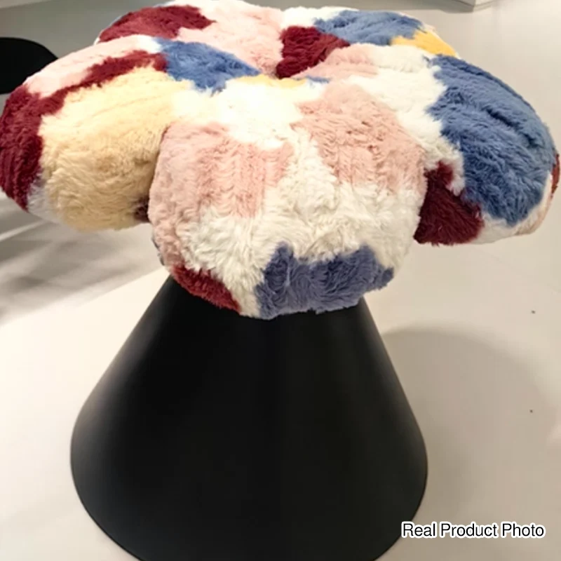 Traditional French Faux Rabbit Fur Carbon Steel Petal Tapered Rotatable Vanity Stool Backless Armless For Bedroom