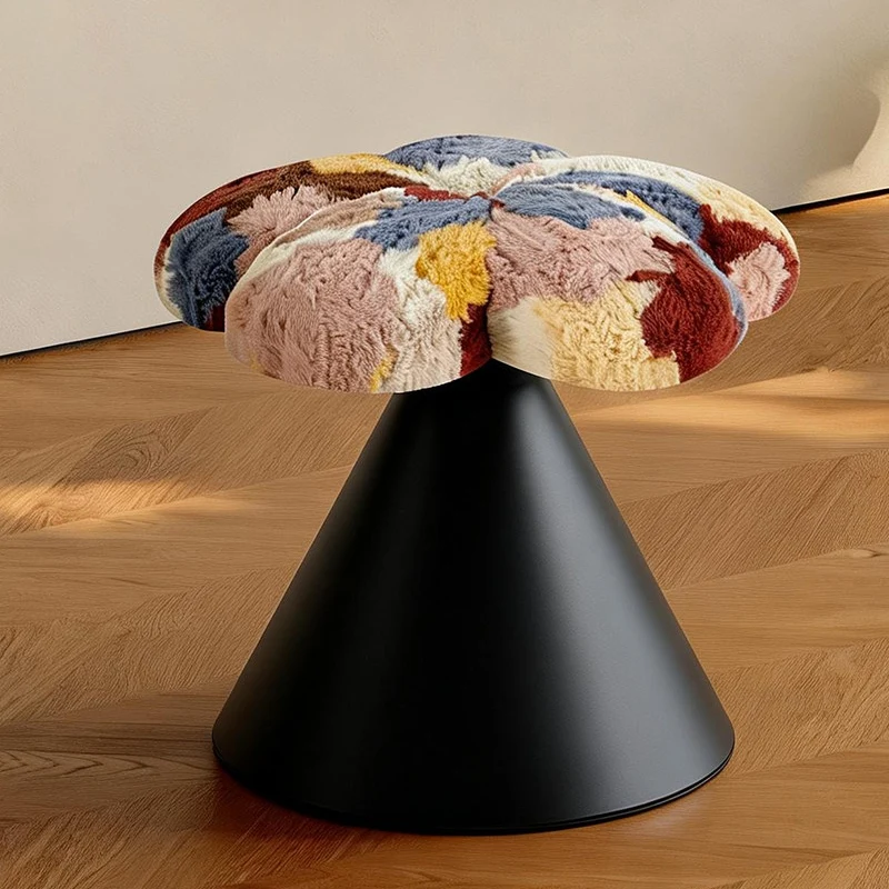Traditional French Faux Rabbit Fur Carbon Steel Petal Tapered Rotatable Vanity Stool Backless Armless For Bedroom