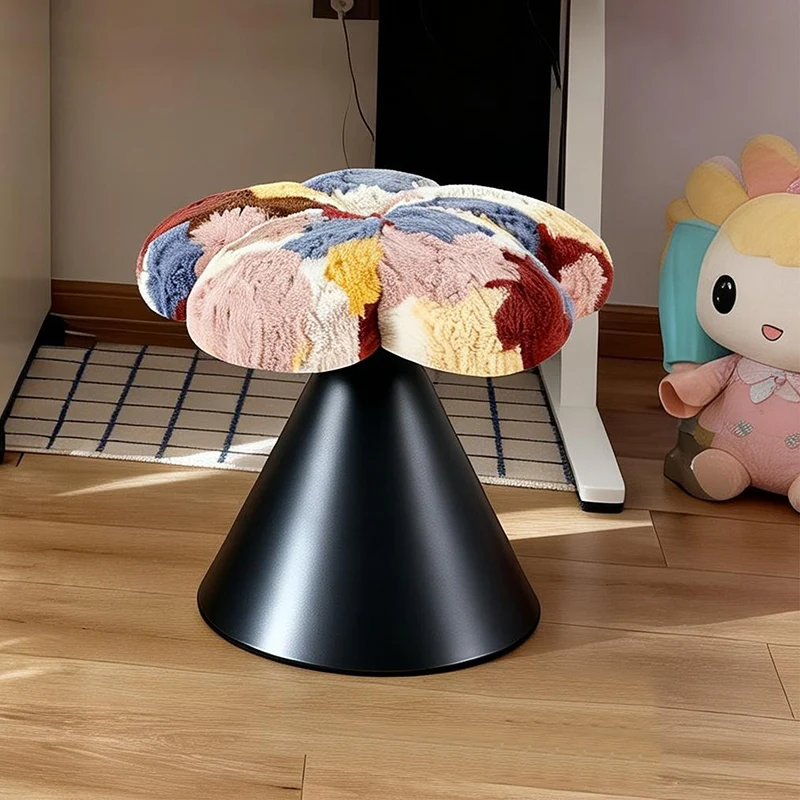 Traditional French Faux Rabbit Fur Carbon Steel Petal Tapered Rotatable Vanity Stool Backless Armless For Bedroom