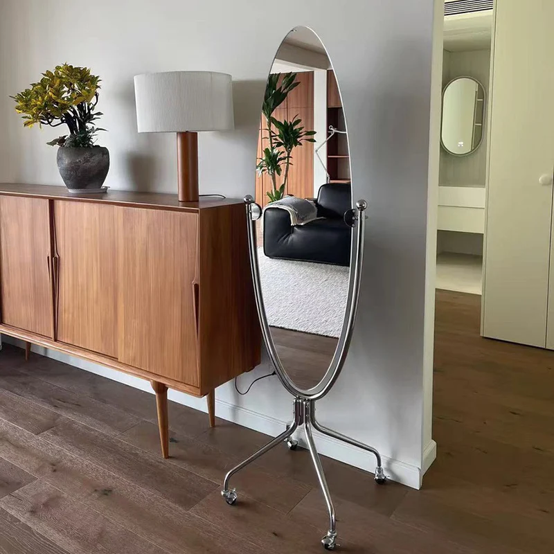 Modern Minimalist Stainless Steel Glass Oval Movable Full-Length Floor Mirror For Living Room & Bedroom