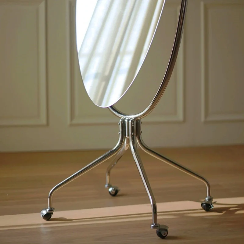 Modern Minimalist Stainless Steel Glass Oval Movable Full-Length Floor Mirror For Living Room & Bedroom
