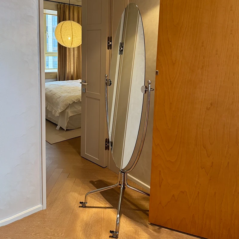 Modern Minimalist Stainless Steel Glass Oval Movable Full-Length Floor Mirror For Living Room & Bedroom