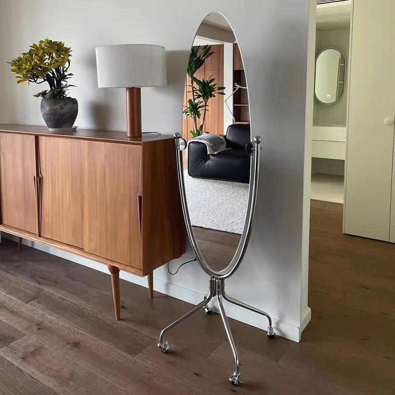 Modern Minimalist Stainless Steel Glass Oval Movable Full-Length Floor Mirror For Living Room & Bedroom