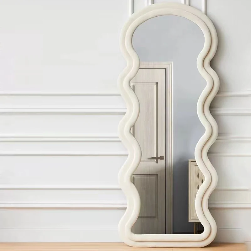 Contemporary Nordic MDF Velvet Glass Carbon Steel Oval Wave-Shaped Full-Length Floor Mirror Anti-Explosion & Anti-Tip Design For Living Room & Bedroom