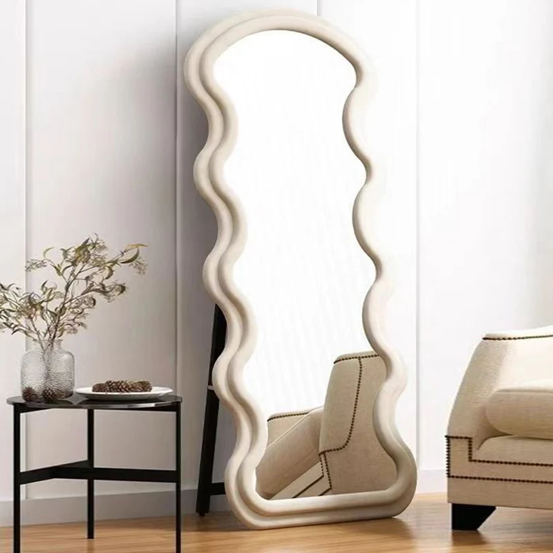 Contemporary Nordic MDF Velvet Glass Carbon Steel Oval Wave-Shaped Full-Length Floor Mirror Anti-Explosion & Anti-Tip Design For Living Room & Bedroom