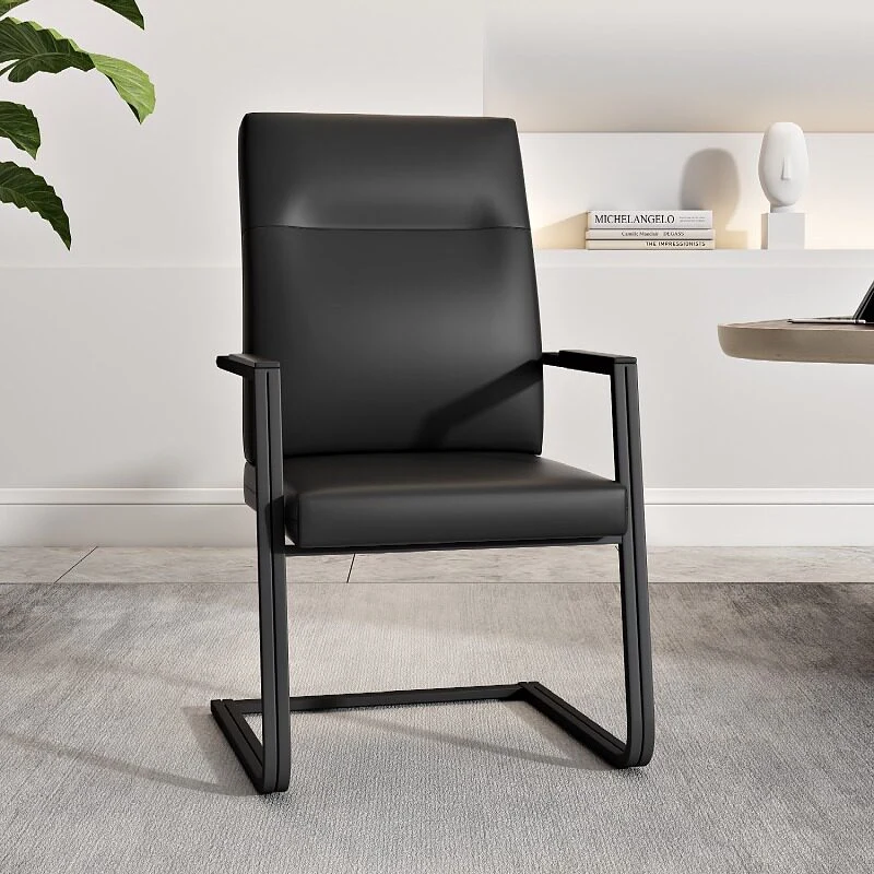 Modern Minimalist Rectangular Faux Leather Iron Desk Chair Ergonomic Backrest Armrests For Home Office