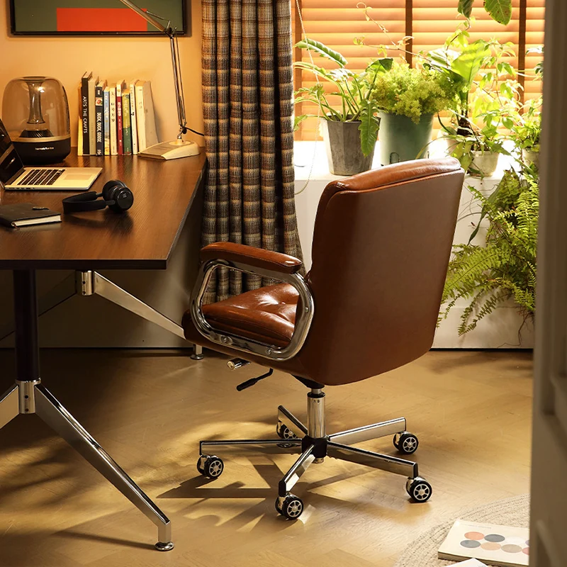 Contemporary Vintage Square Microfiber Leather Cowhide Leather Contact Surface Iron Desk Chair Backrest Armrests For Home Office