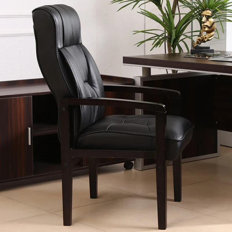 Traditional Chinese Rectangular PU Leather Top Grain Leather Contact Surface Rubberwood Desk Chair Backrest Armrest For Home Office