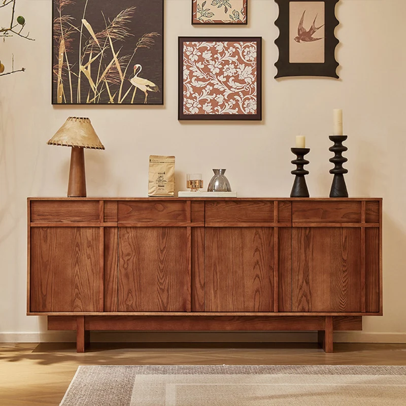 Traditional Vintage Oak Rectangular Sideboard Cabinet 4-Cabinet For Living Room