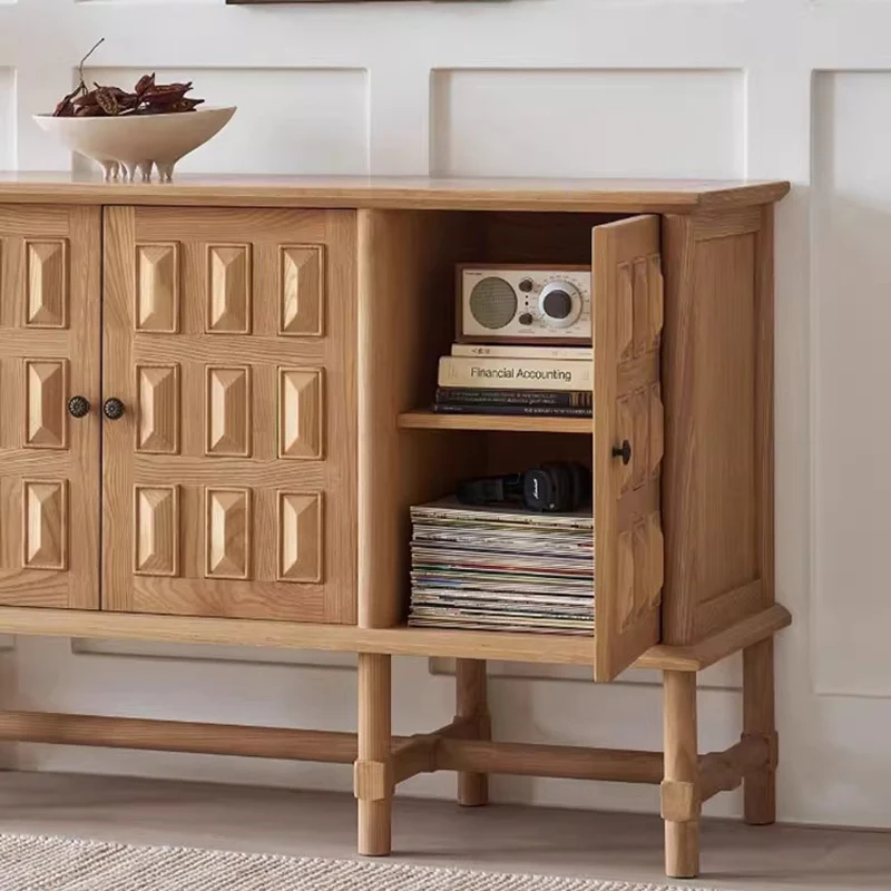 Traditional French Ash Wood Plywood Cylindrical Grid Rectangular Sideboard Cabinet 3-Cabinet For Living Room
