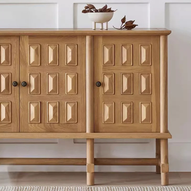 Traditional French Ash Wood Plywood Cylindrical Grid Rectangular Sideboard Cabinet 3-Cabinet For Living Room