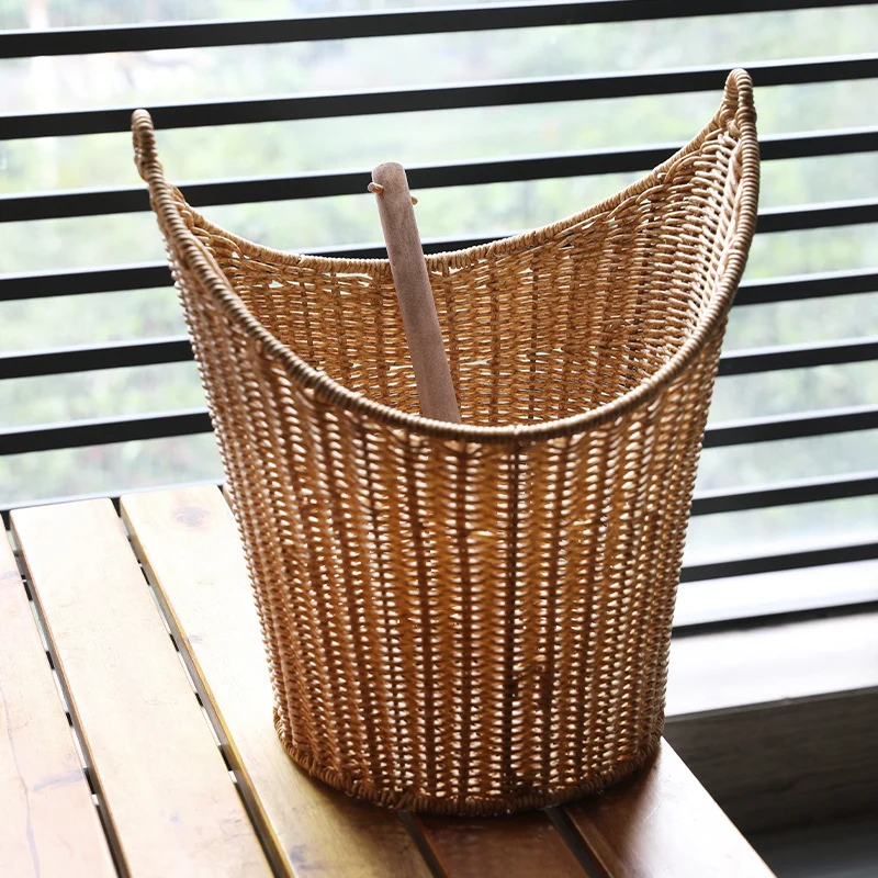 Traditional Farmhouse Round Faux Rattan Handwoven Storage Basket For Living Room