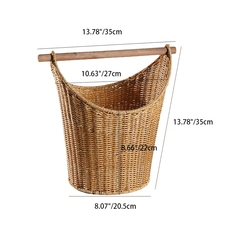 Traditional Farmhouse Round Faux Rattan Handwoven Storage Basket For Living Room