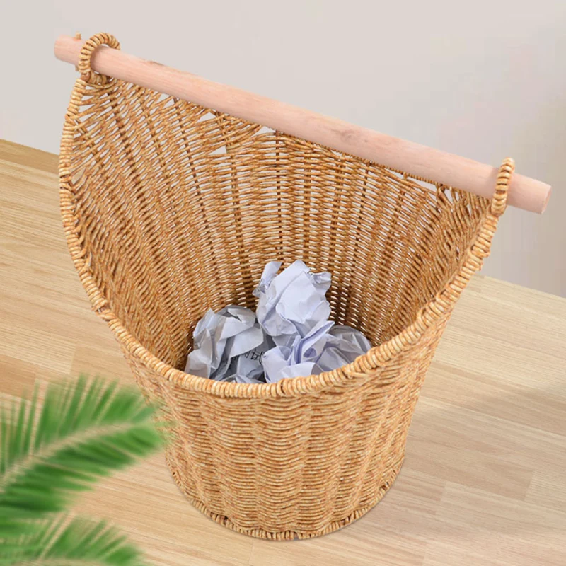 Traditional Farmhouse Round Faux Rattan Handwoven Storage Basket For Living Room