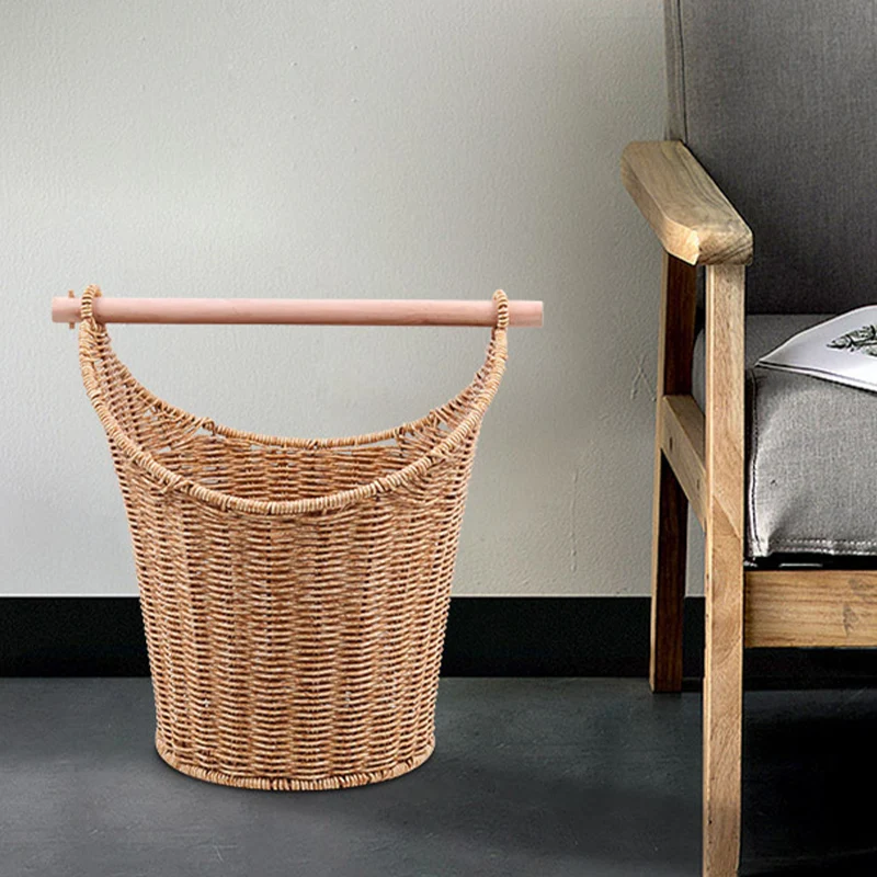 Traditional Farmhouse Round Faux Rattan Handwoven Storage Basket For Living Room