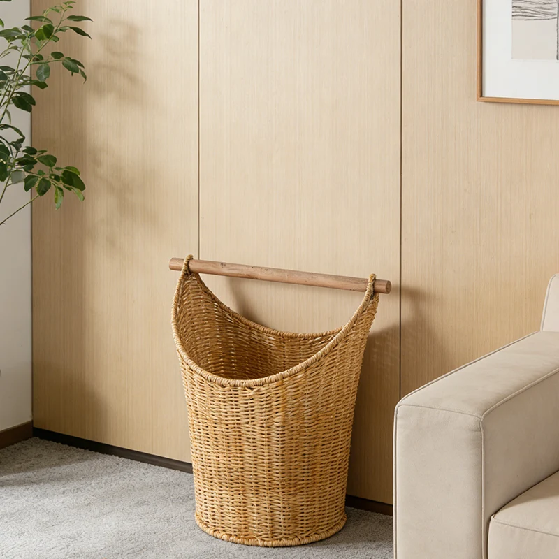 Traditional Farmhouse Round Faux Rattan Handwoven Storage Basket For Living Room