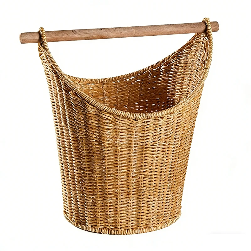 Traditional Farmhouse Round Faux Rattan Handwoven Storage Basket For Living Room
