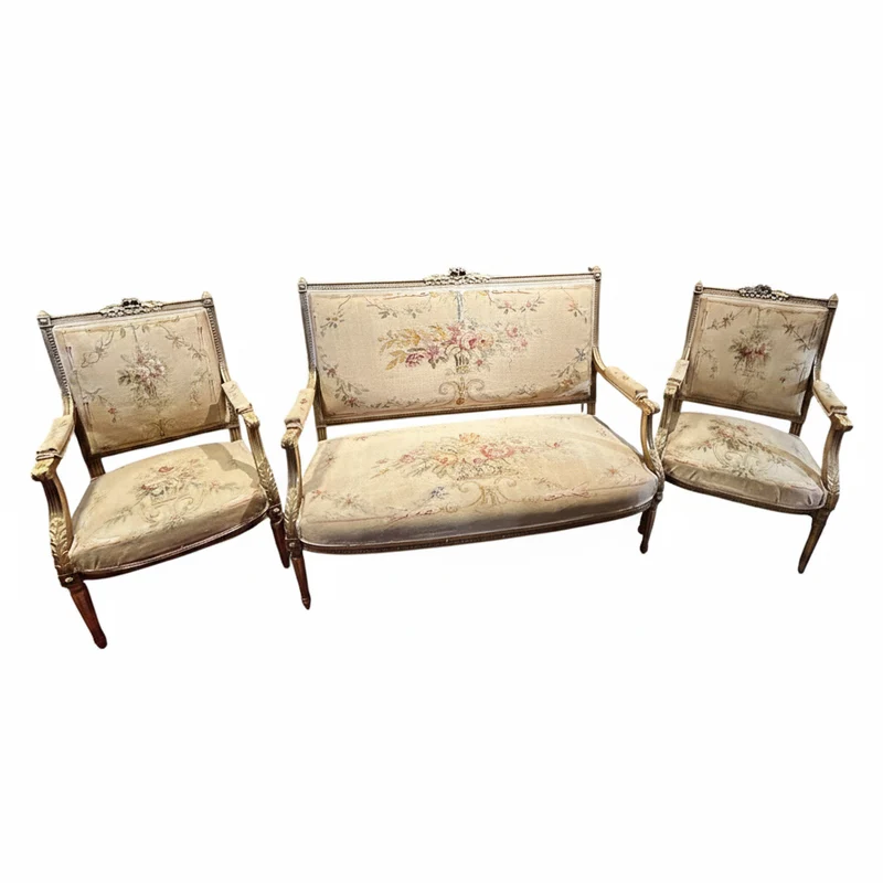 Louis XVI style living room furniture: two armchairs and sofa, petit-point upholstery