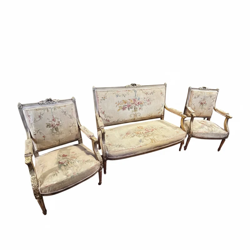 Louis XVI style living room furniture: two armchairs and sofa, petit-point upholstery