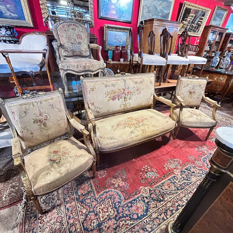 Louis XVI style living room furniture: two armchairs and sofa, petit-point upholstery