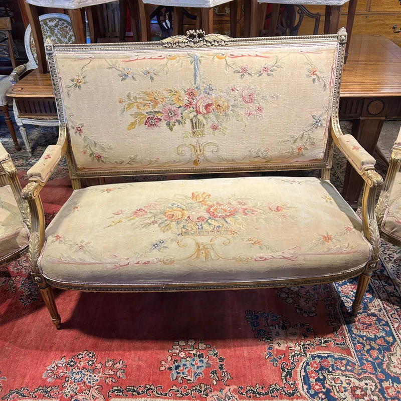 Louis XVI style living room furniture: two armchairs and sofa, petit-point upholstery