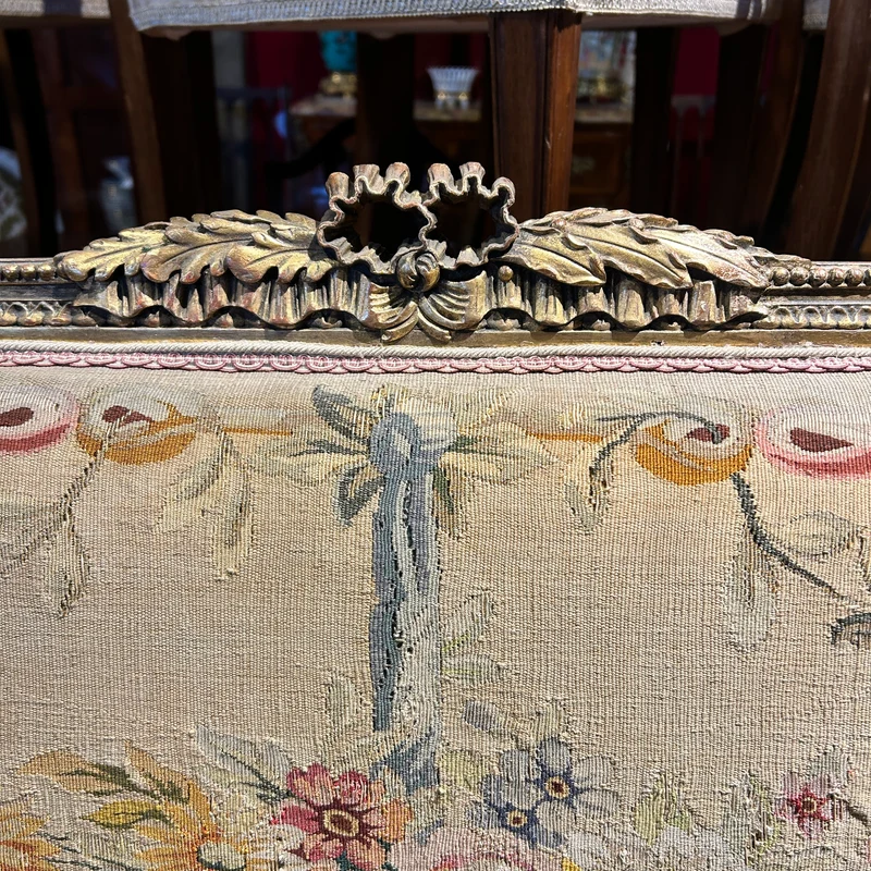Louis XVI style living room furniture: two armchairs and sofa, petit-point upholstery