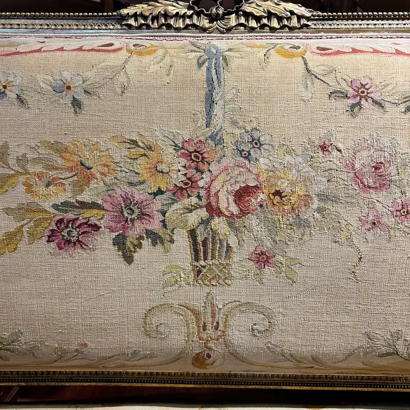 Louis XVI style living room furniture: two armchairs and sofa, petit-point upholstery